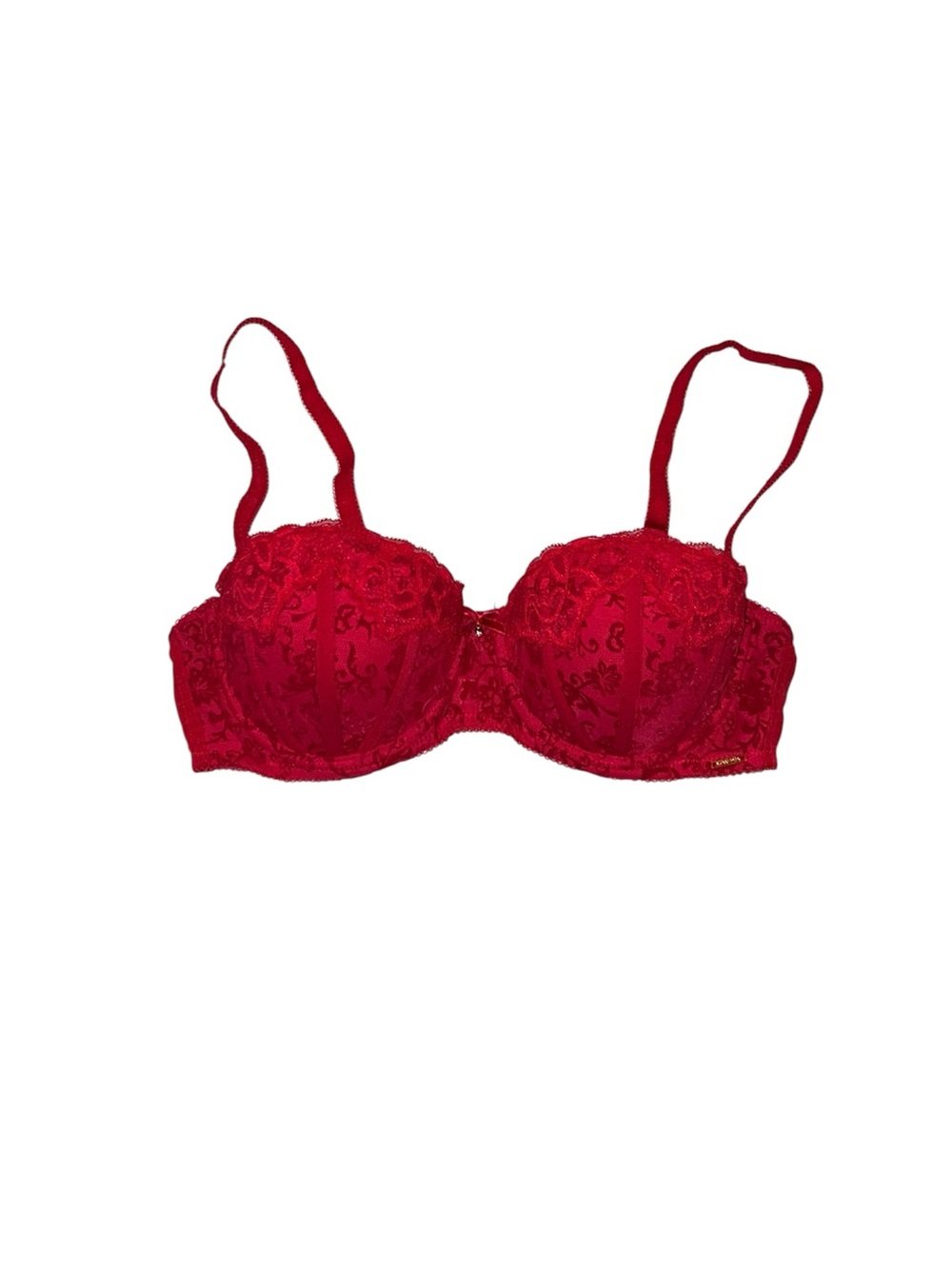La Vie En Rose Red Lace And Velour Balconette Bra With Bow Size 34C Lingerie